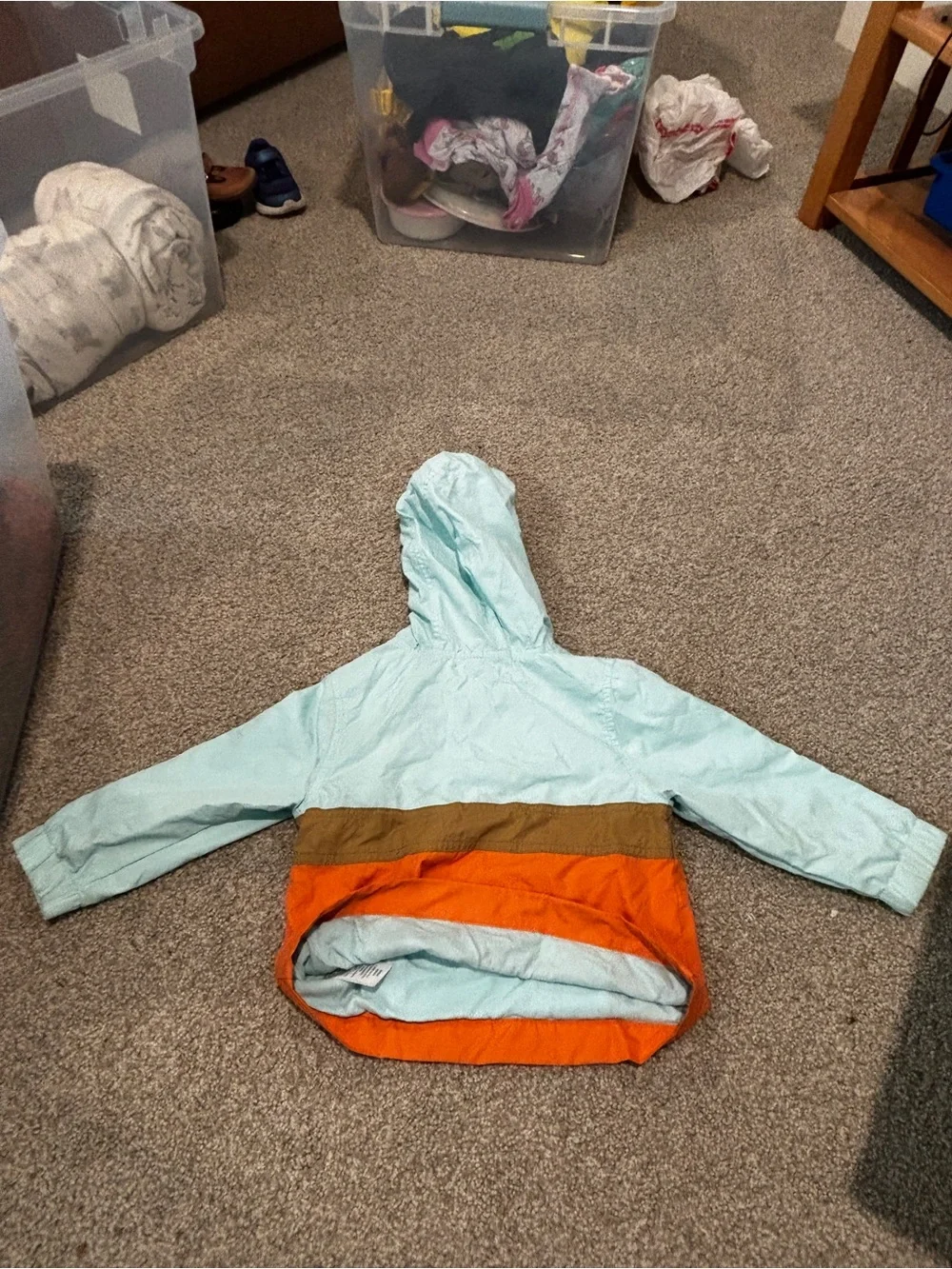 Gymboree Light Blue, Orange & Brown Hooded Colorblock Raincoat